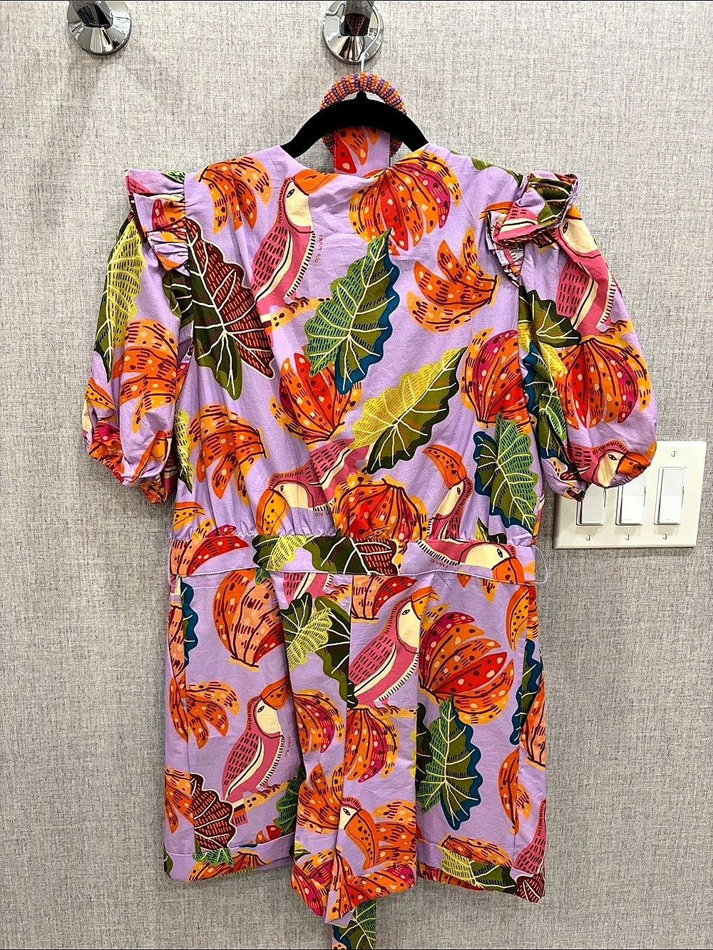 Farm Rio Lilac Beaks & Bananas V Neck Romper Organic Cotton Purple & Multicolor - Picture 2 of 7